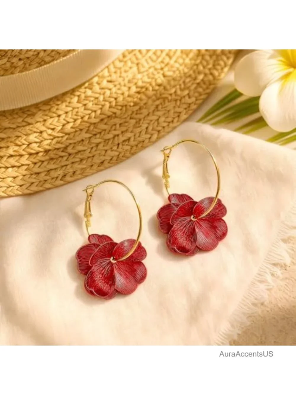 14K Gold Plated Flower Dangle Earrings Hypoallergenic Waterproof Copper